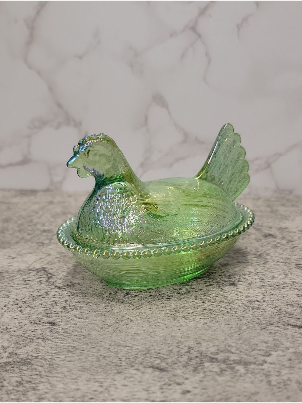 Green Carnival Glass Hen on a nest